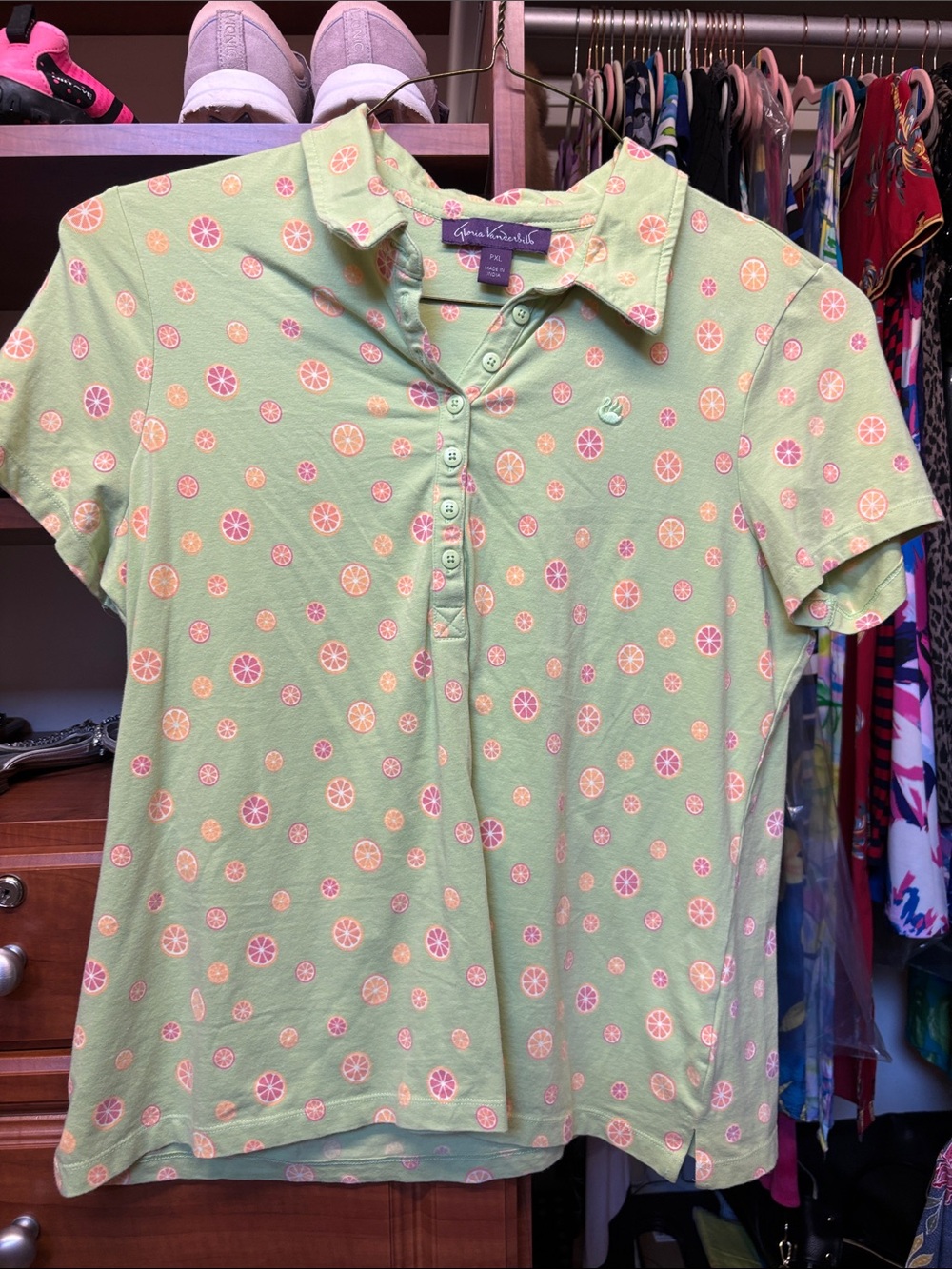 Gloria Vanderbilt Light Green Citrus-Print Button Down Polo